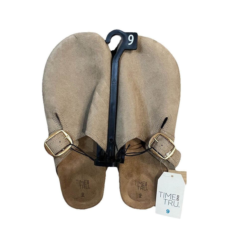 Time And Tru Comfort Clog Shoes Tan Faux Suede Buckle Slip-On Flat Heel Womens 9
